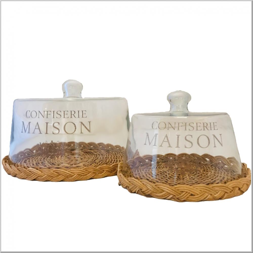 Glasdose 2-Set mit Tablett Rattan Confiserie Maison