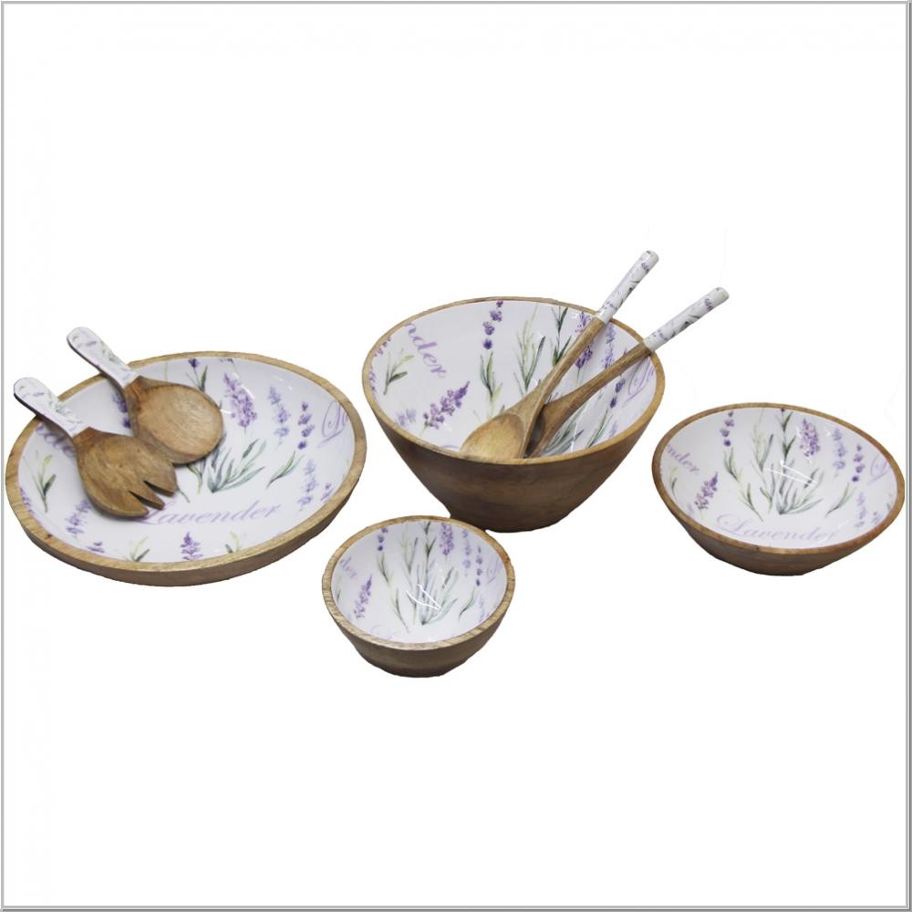 Salatbesteck aus Mangoholz mit Emaille Lavender