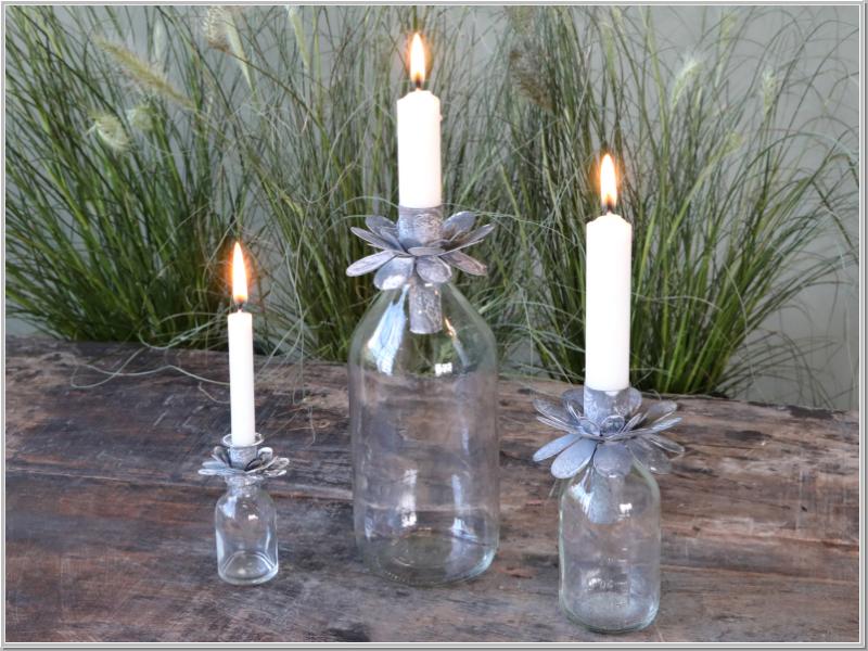 Glasflasche mit Halter für Spitzkerzen H21cm Glasflasche mit Halter für Spitzkerzen H21cm