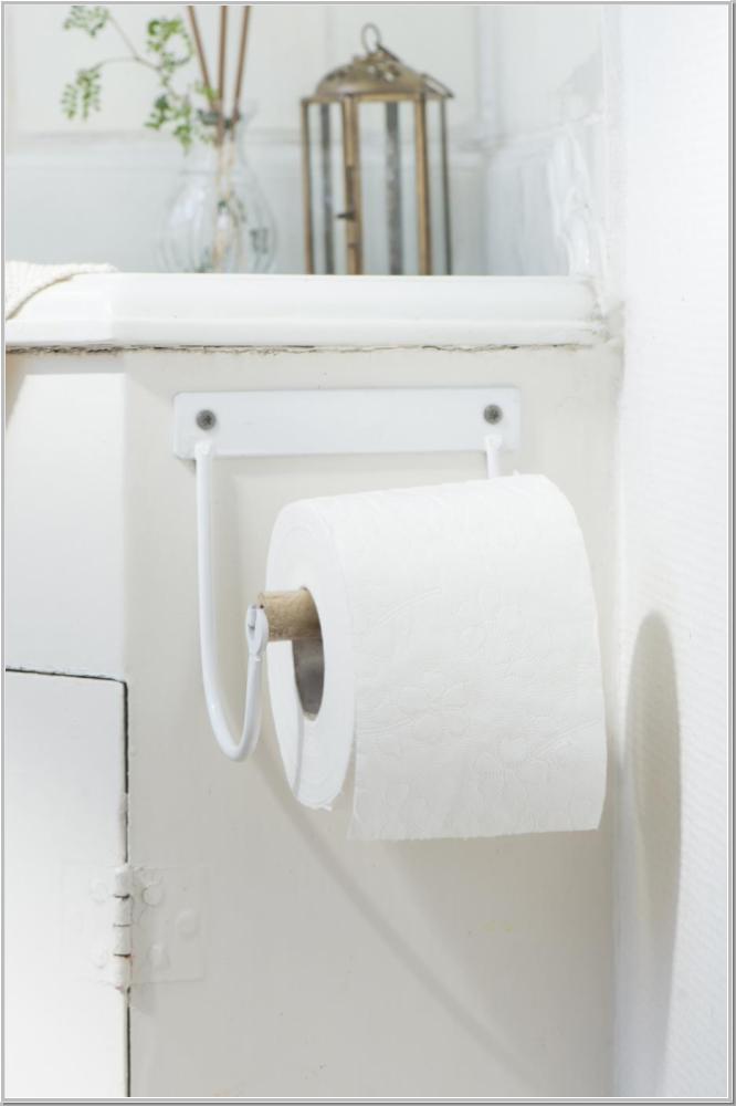 Metal toilet roll holder with white wooden roll
