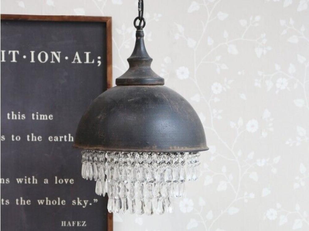 Chic Antique Factory Pendant Lamp with Crystals – Antique Black, Ø 31.5 cm