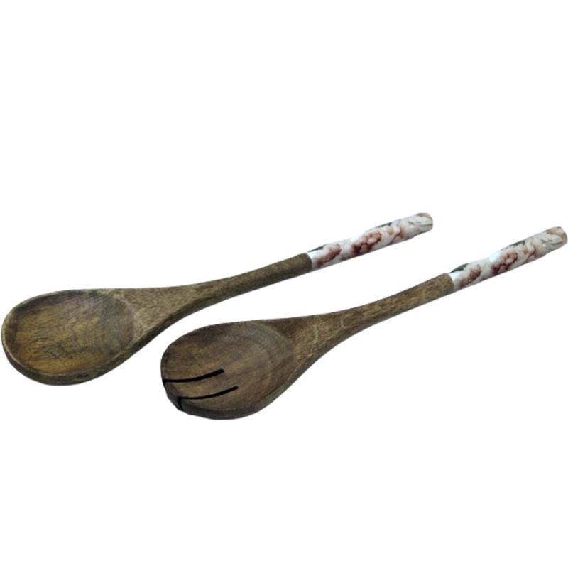Mango wood salad servers with Peony enamel