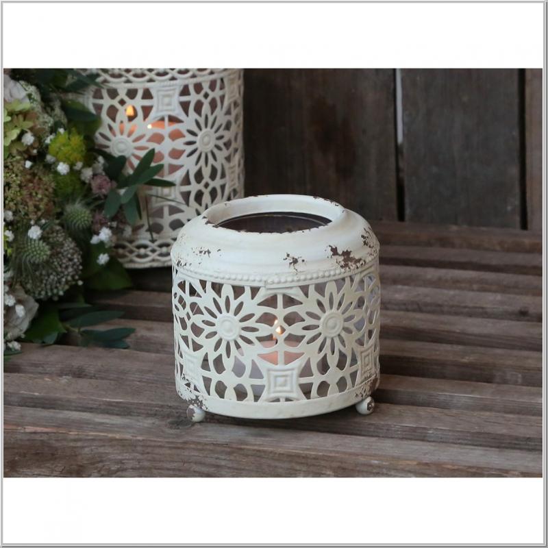 French lantern with metal decoration antique cream H 12.5cm