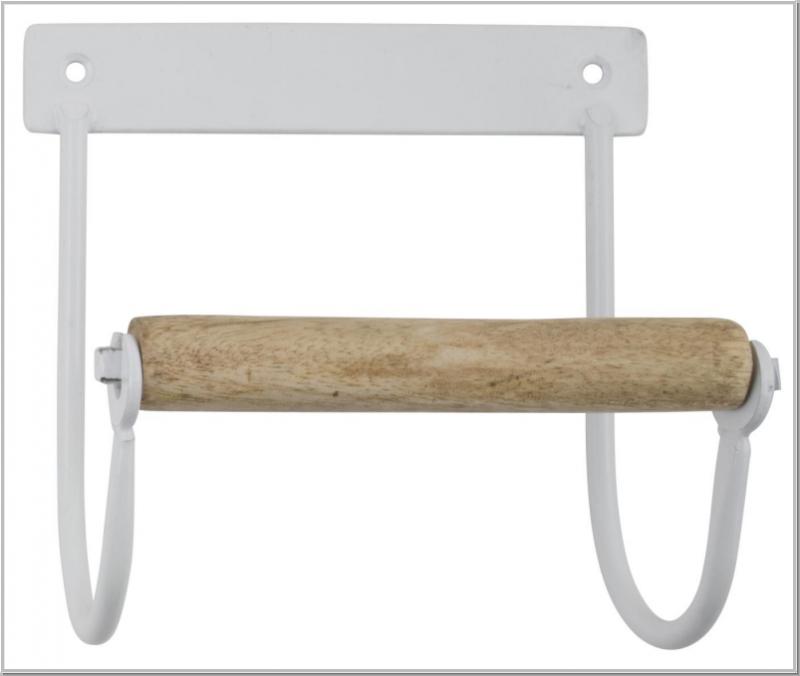 Metal toilet roll holder with white wooden roll