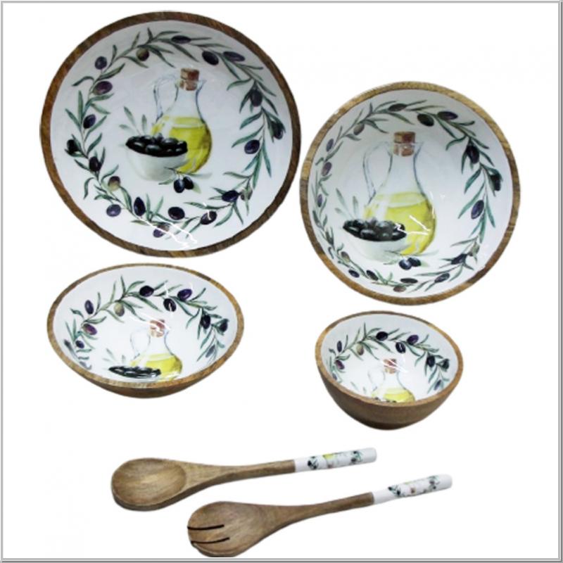 Mango wood salad servers with Peony enamel