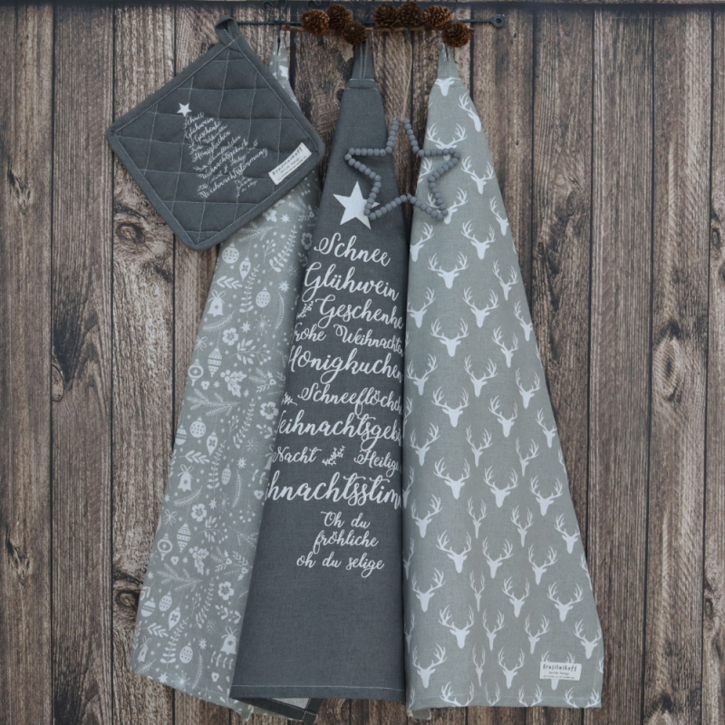 Krasilnikoff Tea Towel Christmas Words 100% Cotton 50x70 Charcoal